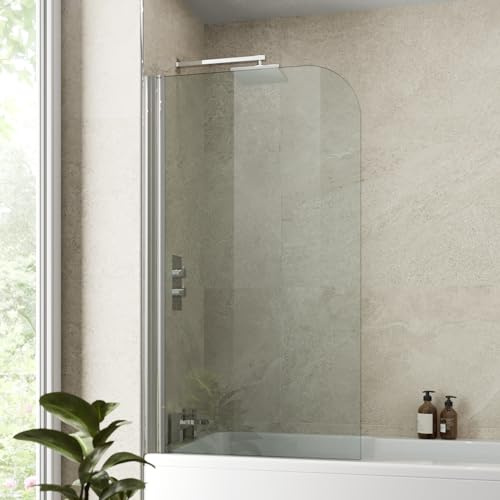 Hydrolux® Curved Bath Shower Screen 800 x 1400mm – Frameless Chrome Glass Panel, 4mm Toughened Safety Glass, 180° Pivot Hinged, Reversible Bath Screen Splash Guard