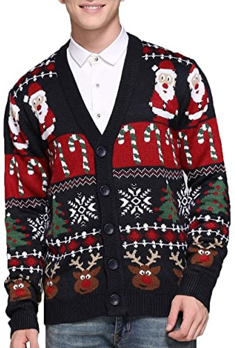 Men's Christmas Rudolph Reindeer Holiday Festive Knitted Sweater Cardigan Cute Ugly Pullover (Large, Reindeer-Santa&Cane Cardigan)