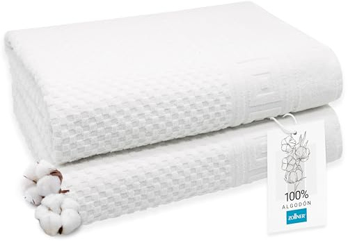 ZOLLNER 2er Set Badetücher in 100x150 cm - weiches und saugstarkes Waffelmuster in weiß - mit Aufhänger - waschbar bis 95°C - Baumwolle - Hotelqualität - Oeko Tex® Zertifiziert