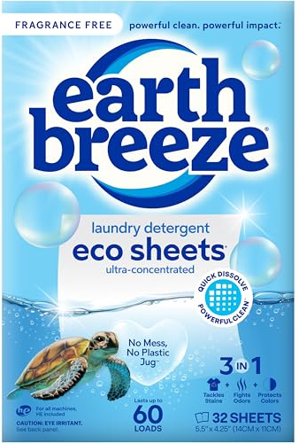 Earth Breeze tvättmedelsark – doftfri – ingen plastkanna (60 laster) 30 ark, vätskefri teknik