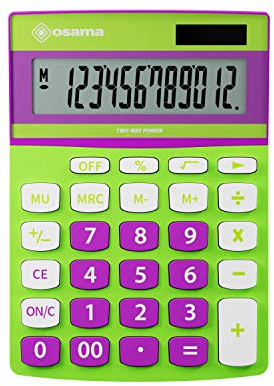 Osama – Büro-Taschenrechner Groß, mit 12 Ziffern, 3 Speichertasten und doppelter Stromversorgung – Professioneller Rechner mit Mark up für Arbeit und Universität, 3,6 x 11,5 x 15,5 cm, Grün/Violett