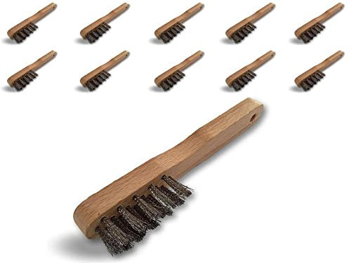 Brosse métallique à bougie | Lot de 10 | Garnissage inox 16 trous fil ondulé | Manche ergonomique bois | Nettoyage d'électrodes et de contacts de bougies d'allumage | Kibros 7507Bx10