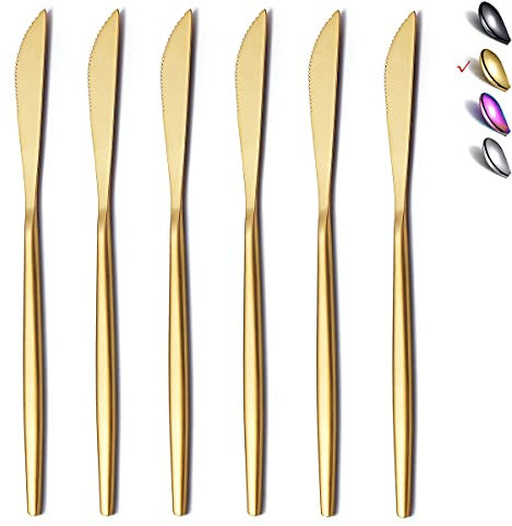 HOMQUEN Menümesser 6-Teilig, Edelstahl Matt Gold Menümesser, Robustes Buttermesser, Modernes Design Buttermesser, Spülmaschinenfest (Matt Gold-8.9 Zoll)