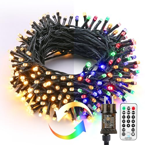 PhilzOps Weihnachten Lichterkette Warmweiß + Bunt, 20M 200 LED Lichterkette Außen mit Timer 11 Modi Dimmbar Weihnachtslichter für Innen Zimmer Baum Party Garten Hochzeit Halloween Deko, Grünes Kabel