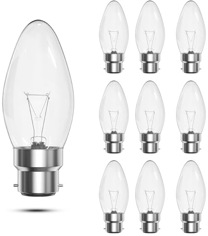 Clear Candle Bulbs Bayonet Dimmable B22 BC Candle LED Replacement Bulbs | Large Bayonet C35 Classic 240v Lightbulb Bayonett Warm White 2600K, Pack of 10
