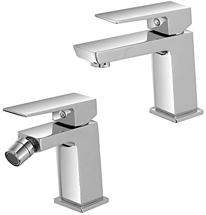 Set rubinetti miscelatori lavabo e bidet cromati, scarico click clack incluso, serie Kubo (Set Lavabo e Bidet)