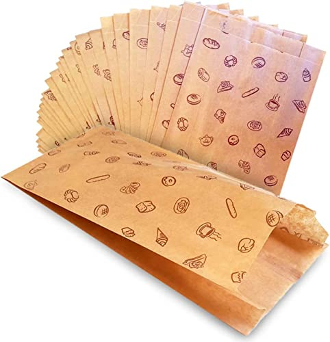 200 Bolsas papel kraft marrones. Sin asa y con dibujo impreso de panes bocadillo bolleria pan sandwich galletas fruta alimentos frutos secos merienda almuerzo (20x12cm 200uds)
