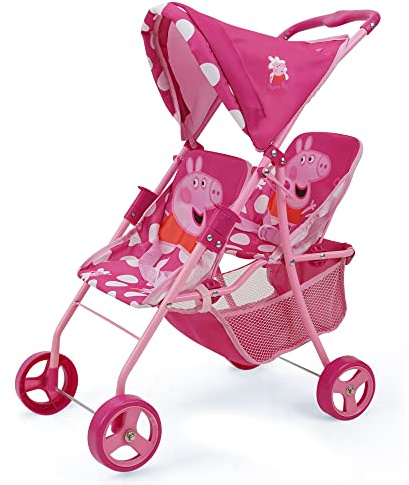 Peppa Pig: Doll Twin Stroller - Pink & White Dots - Fits Dolls Up To 24, Retractable Canopy, Easy to Fold for Storage & Travel, For Dolls Plushes &-Stuffed Animals, Pretend Play For Kids Ages 3+