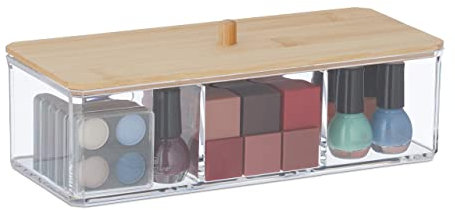 Relaxdays Make Up Organizer mit Bambusdeckel, 3 Fächer, Kunststoff, Aufbewahrung Haargummis, Kosmetik, transparent/Natur