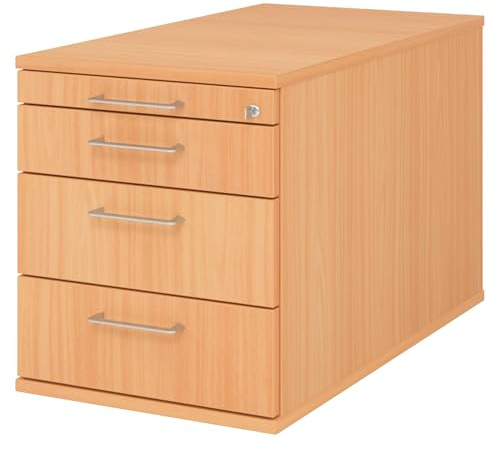 bümö Rollcontainer mit Schubladen, Container abschließbar aus Holz in Buche - Rollwagen für's Büro als Schreibtisch Unterschrank, Bürocontainer od. Schreibtischcontainer mit Bügelgriffe