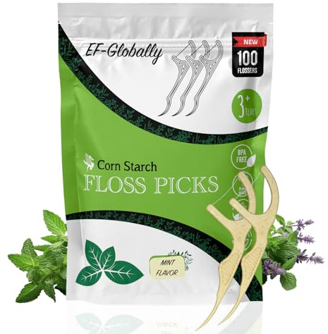 EF-Globally Dental Floss Picks, Plant-Based and Eco-Friendly, No Break and No Shred Floss, 100 Count, Mint