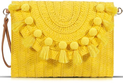 QTKJ Straw Crossbody Bag for Women, Clutch Purses, Bohemian Handmade Woven Handbags, Tassels Summer Beach Bag, Envelope Wallet (Yellow), Yellow