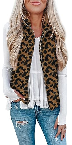LOMON Womens Winter Vest Lightweight Sleeveless Warm Outerwear Puffy Faux Fur Vest with Pockets Brown Leopard L