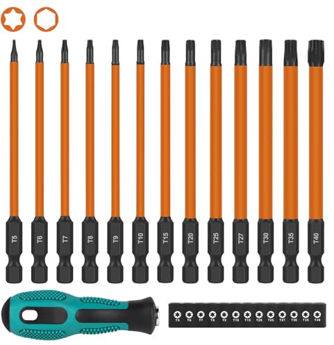 EFUTURETIME Set Cacciaviti Torx Lunghi 100mm, T5 T6 T7 T8 T9 T10 T15 T20 T25 T27 T30 T35 T40, 13 Pezzi Punte Torx Lunghe con Avvitatore Manuale, Acciaio Legato S2