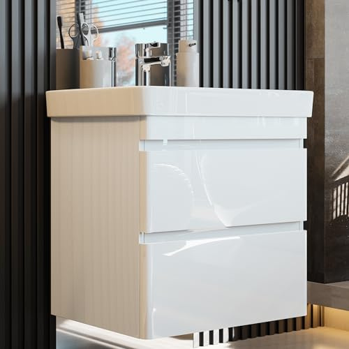 Newroom Waschbeckenunterschrank hängend Weiß Hochglanz Waschbecken 60 cm | grifflos, 2 Schubladen, Waschtisch mit Unterschrank, Badezimmer Unterschrank, Badmöbel modern, für kleine Bäder