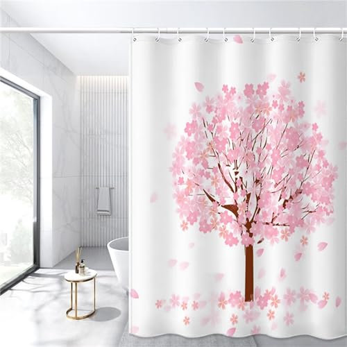 Guofuos Duschvorhang Pinke Blume 90x240cm Duschvorhäng Anti Schimmel,Wasserabweisend Stoff Duschrollo Waschbar,3D Draussen Bad Vorhang Schnell Trocknend,Badewanne Badezimmer Decor Vorhänge