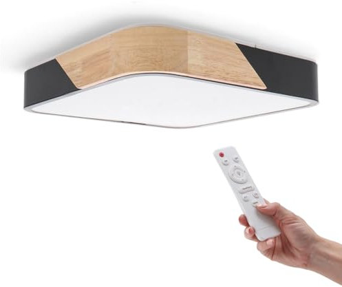 M Ledme - Plafón LED Techo Negro Cuadrado 24W con Mando a distancia, Regulable 2700K-6500K blanco frío a cálido e intensidad, 2400LM, Diseño Blanco con Madera Natural, para Baño, Cocina, Balcón.