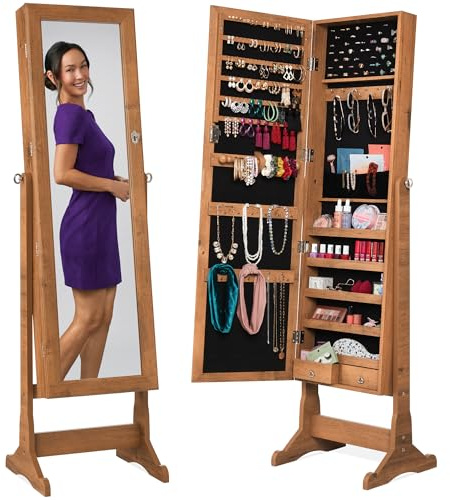 Best Choice Products Freestanding Jewelry Armoire Cabinet, Full Length Standing Mirror, Lockable Makeup Storage Organizer, w/Velvet Lining, 3 Angles, Lock, Accessory Pouch, 5 Shelves - Rustic Brown