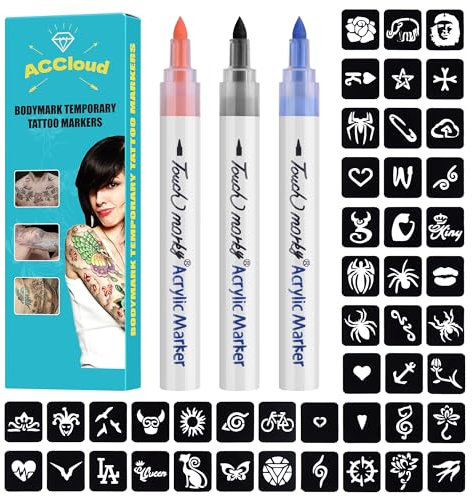 ACCloud Marcatori temporanei per tatuaggi per pelle, 3 Marcatori corpo+ 63 Tatuaggi Stencils Kit per Donne Uomo,Punta flessibile della spazzola, Colori brillanti, Kit trucco per Halloween