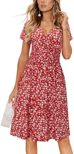 CLOUSPO Femme Robe d’été à Manche Courte avec Poche en Col V Mi-Longue Plissé Chic Élégant Imprimé Décontracté de Plage Rouge/Fleur XL