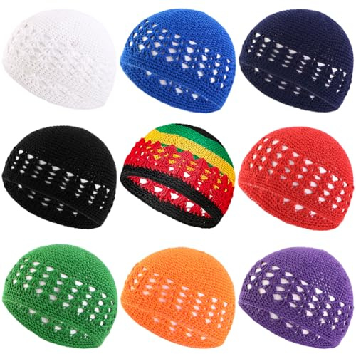 Besforta 9 Stück gestrickte Kufi-Mützen, Häkelmützen, Beanie, Totenkopf, dehnbar, gestrickt, Häkelmütze für muslimische Frauen und Männer