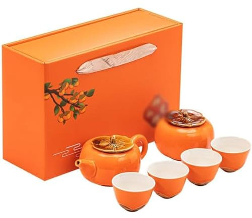 esmen Service à thé Service à thé de Voyage Ruyi Orange Kaki, 6 pièces, Service à thé Kungfu en céramique, Service à thé Chinois pour Voyage, Maison, Cadeaux, extérieur, Bureau
