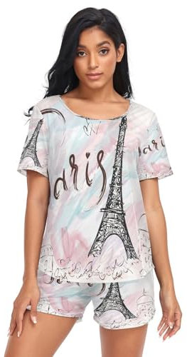 HMZXZ Damen Schlafanzug-Set Aquarell Eiffelturm Herz Sommer Pyjama Woman Set,Frankreich Romantic Loungewear und Shorts Lounge Set Sleepwear Nachtwäsche