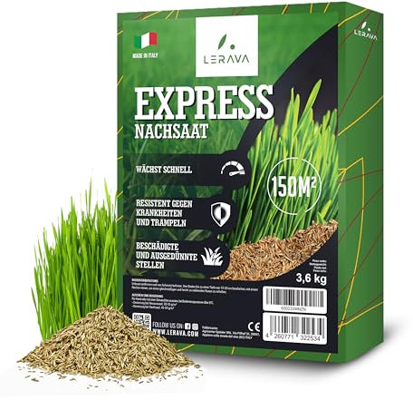 LERAVA® EXPRESS semi prato crescita rapida (150m²) - Semina resistente al calpestio - Sementi per prato soleggiato e mezz’ombra - Semi per un giardino verde fitto - 3,6kg