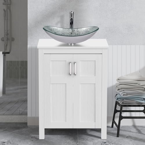 ARTETHYS Bathroom Vanity Units with Basin, 60cm Bathroom Sink Cabinet | White Cloakroom Cabinet Free Standing with Cloakroom Silver Glass Vessel Sink