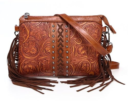 Damen-Umhängetasche mit Fransen, Vintage-Leder, Western-Stil, Boho-Geldbörse, Schulterhandtasche, Dunkelbraun