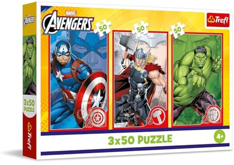 Trefl – 3in1 Puzzle: Marvel The Avengers, Dein Held - 3 x 50 Teile, 3er-Puzzle-Set für Kinder ab 4 Jahren