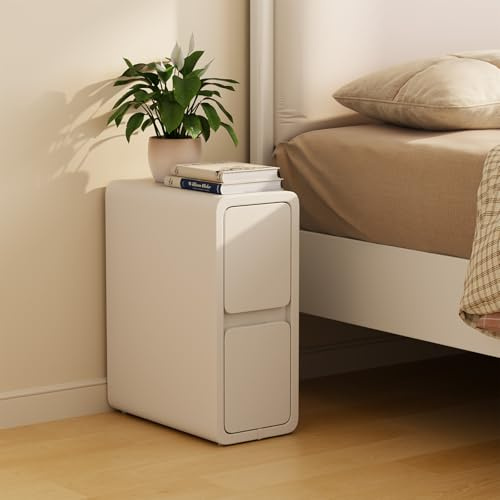 AQIMUELE Small Bedside Table, Slim Bedside Table with 2 Drawers, Assembled Narrow Side End Table with Leather Surface for Bedroom, 20cm (White)