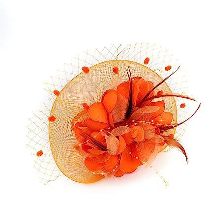 KJBDQQH Fascinator Damen Fascinator mit Federn, Kopfbedeckung for Damen, Blumenhut for Cocktailball, Hochzeits-Stirnband, eleganter Clip, Hochzeit, Braut, Teeparty(Orange)