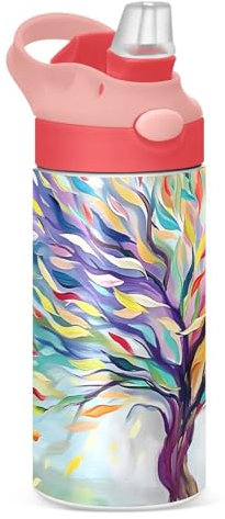 Mnsruu Kids Water Bottle with Straw 350ml, Tree Of Life Rainbow Stainless Steel Insulated Toddler Cup Metal Leak Proof Drink Flask Bottle for Girls, BPA-Free