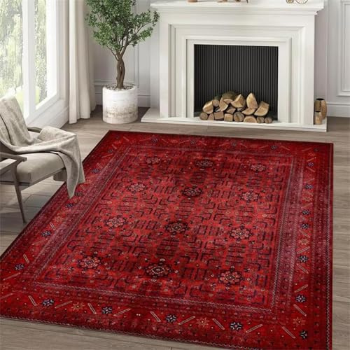 AUWUUA Orientalischer Teppich Wohnzimmer 160x240cm Vintage Boho Teppich Schlafzimmer, Maschinenwaschbarer Kurzflor Rot Bordüre Tribal Bodenteppich für Küche, Esszimmer, Büro, Flurläufer Dekoration