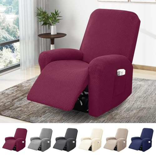 BOYIFEIJIE 1-Sitzer Sessel Überzug, Sesselbezuge Stretch mit Taschen, All-Inclusive Streifen-Jacquard Sesselschoner für Fernsehsessel Relaxsessel Sesselhusse (Weinrot, 4-Teilig)