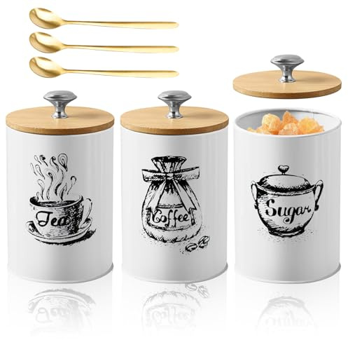PRITOK Tea Coffee Sugar Canisters 3PCS Decorative Kitchen Food Storage, Vintage Kitchen Canisters Set with 3Coffe e Spoons, Coffe e Canisters, Storage Tin for Your Favorite Tea, Sugar