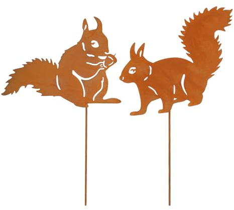 VerLuky 2er Rostiges Eichhörnchen Gartenstecker,Herbstdeko Rost Outdoor,Rost Deko Herbst Draußen,Metall Eichhörnchen Roststecker für Garten Terrasse Balkon