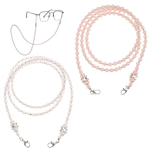 Larrel 2PCS Beaded Glasses Chain, Eyeglass Chain for Women, Fashion Sunglasses Neck Cord, Around Neck Eyeglass Chain-Cord, Acrylic Bead Eye-Glass Lanyard (White, Pink)
