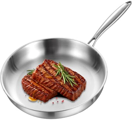 Padella in Acciaio Inox a Triplo Strato, Padella da 28 cm per Friggere e Saltare, Non Rivestita, Riscaldamento Rapido e Uniforme, Adatta a Tutti i Tipi di Fornelli Compresa Induzione