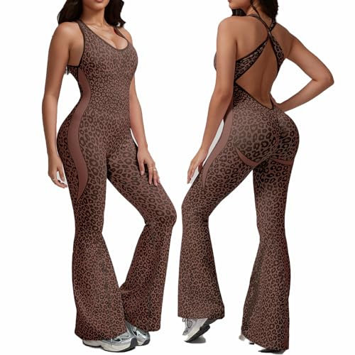 XDSP Mono Deportivo de una pieza para Mujer con Estampado de Leopardo Sin Costuras Sin Mangas Tirantes Cruzados sin Espalda Body Ajustado Elástico Overol para Fitness Yoga Gimnasio Entrenamiento