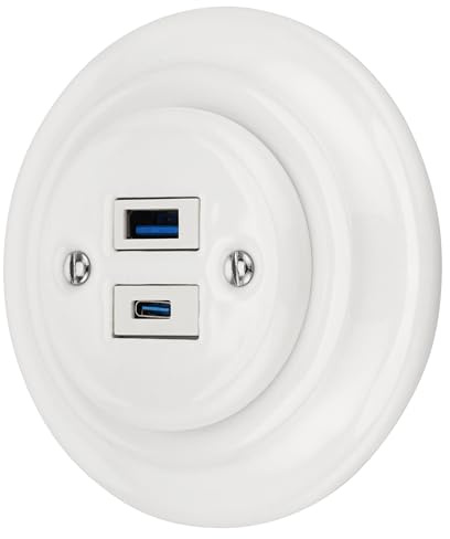 Unterputz Porzellan Retro, USB-A USB-C, Steckdose 2-fach, All-in-One, Serie PR1 Weiß