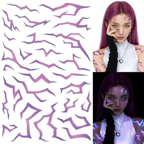Tatouage Kpop Demon Hunter, Tatouage Kpop Demon Hunter éphémère, Faux Tatouage Autocollant Violet UV Glow, Tatouages Adhésifs Pour Le Visage Et Le Corps, Cosplay, Rave, Halloween (1)