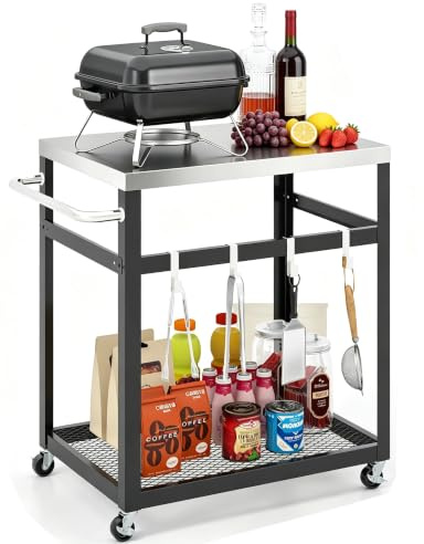 GYMAX Desserte Plancha Extérieur avec 4 Roues Verrouillables | Chariot Barbecue Mobile, Plateau en Acier Inox, Étagère de Rangement, 4 Crochets Amovibles, Capacité 60kg, 84 x 51 x 85 cm