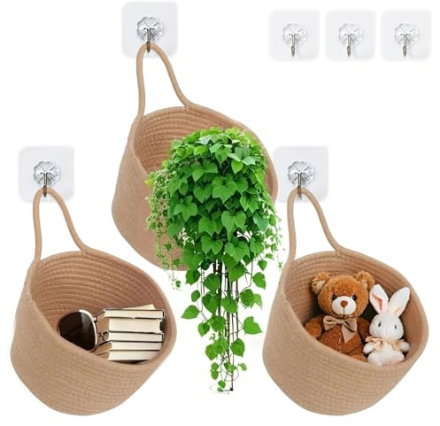 powerking 3 Pack Hanging Baskets, Woven Wall-Mount Storage Baskets with Adhesive Hooks, Flower Plants Baskets Decor, Boho Pouchs Bag Organizers for Nursery, Living Room, Bedroom,Door Wall Decoration