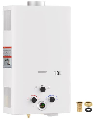 Chauffe-eau à gaz GPL 18L instantané portable pour extérieur sans réservoir, montage mural. Mode hiver/été, affichage numérique, multiples dispositifs de sécurité, classe énergétique A