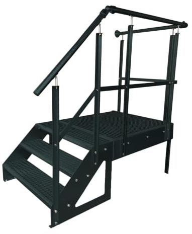 Podesttrappa ståltrappa 3 steg fristående höjd 57 cm inklusive piedestal 100 x 100 cm med räcke komplett i antracit RAL 7016 orientering trappa vänster utomhustrappa