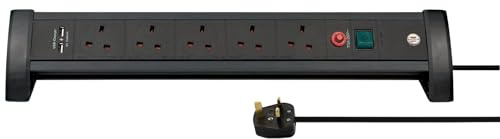 Brennenstuhl Premium-Office-Line FB, 5-way extension lead for desk with 2 USB charging ports (switch and 3m cable, with Safety Fuse Button, Made in Germany) black