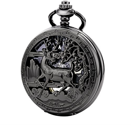 Treeweto Vintage Taschenuhr, mechanisch, doppelter Abdeckung, hohles Gehäuse, Skelett, Steampunk, Hirsch, für Herren und Damen