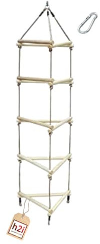 h2i Strickleiter für Kinder | Kletterleiter mit 5 Holzsprossen | 3-seitige Hängeleiter aus Holz | Seilleiter inkl. Karabiner | Outdoor Kletterspielzeug